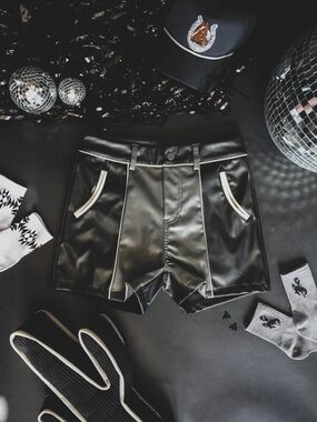 Black Faux Leather High-Waist Shorts with White Trim